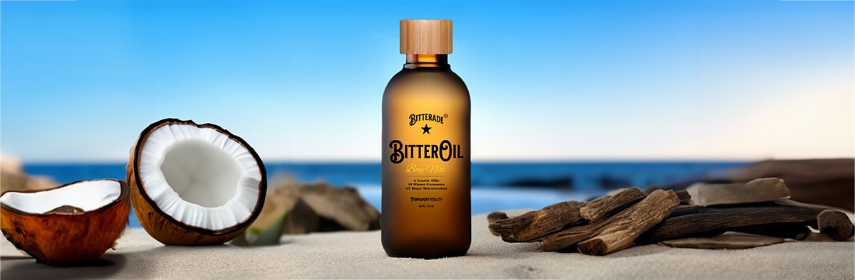 Bottle of BITTERADE Bay Nut Bitter Oil, the best smelling & best body oil in the world