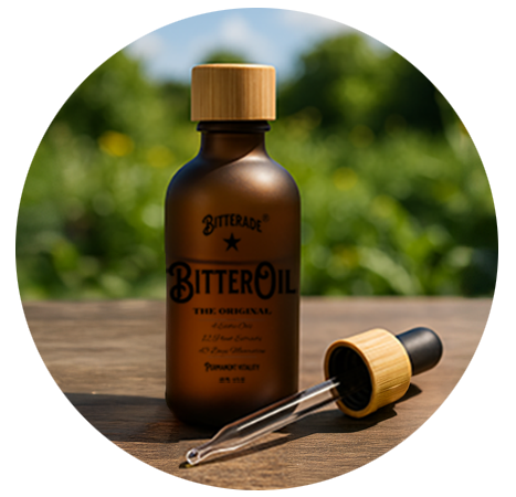 bottle of the original bitter oil skin elixir on a wooden surface with a dropper next to it