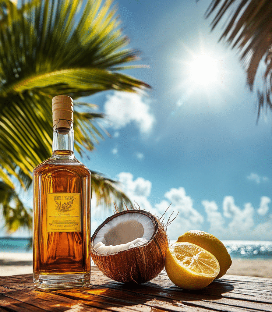 bottle coconut & a lemon on a table by the beach