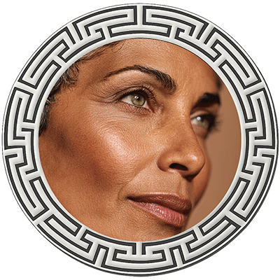 closeup of womans face in a round frame